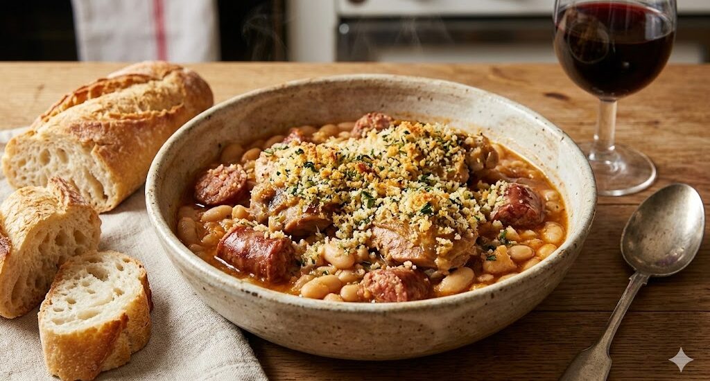 AI generated image of a cassoulet with a side of crusty bread