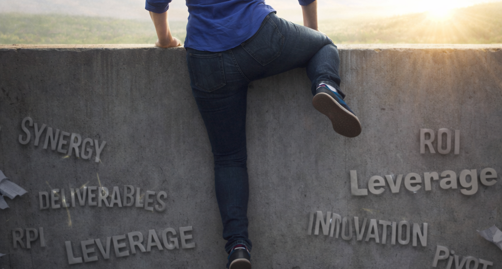AI image of a woman climbing over a wall which is covered in business buzzwords