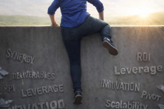 AI image of a woman climbing over a wall which is covered in business buzzwords