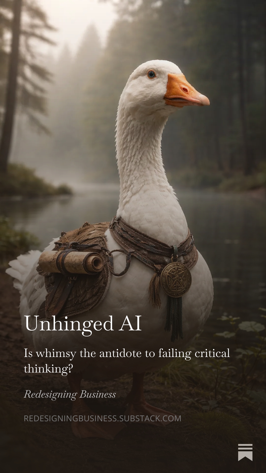 AI image of a goose in a forest wearing a medieval style amulet and scroll