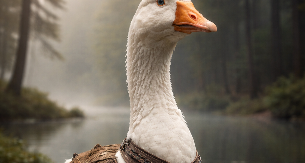 AI image of a goose in a forest wearing a medieval style amulet and scroll