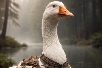 AI image of a goose in a forest wearing a medieval style amulet and scroll