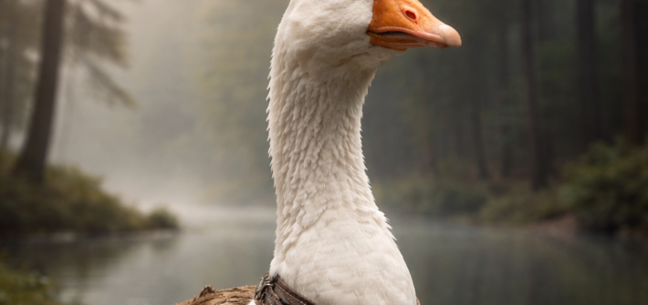 AI image of a goose in a forest wearing a medieval style amulet and scroll